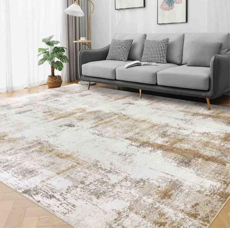 Famibay 6x9 Ft Area Rug Washable Rugs for Living Room Soft Wool Rugs for Bedrooms Low Pile Abstract Floor Rugs for Dining Room Nursery (Beige/Camel)
