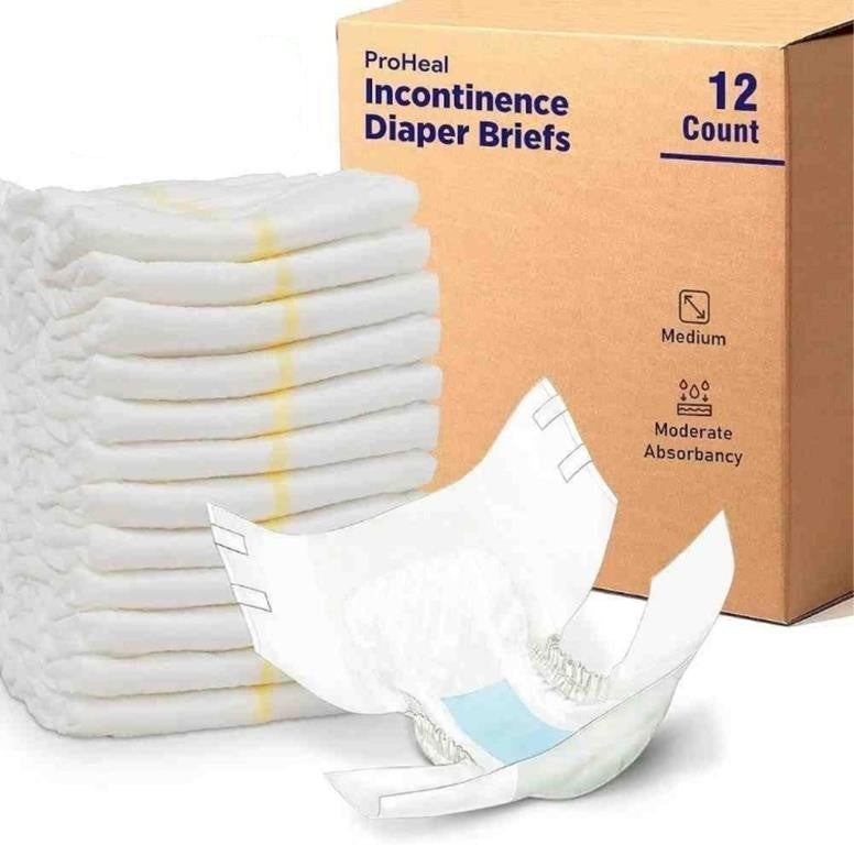 Proheal Medium Adult Diapers Moderate Absorbency Incontinence Briefs with Moisture and Odor Lock - Mat Style Secure Fit, Elastic Gathers and Refastenable Tabs - For Men and Women 12 Per Pack