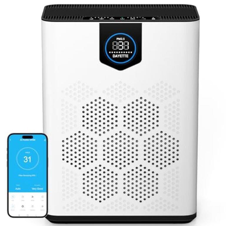 DAYETTE Air Purifier for Home Large Room up to 3000 Sq.Ft, 2×HEPA 14 Filters with 6-Stage Filtration, Smart WiFi & Alexa Compatible, Quiet 22dB Air Cleaner for Pollen, Pets Odor, Dust, Smoke