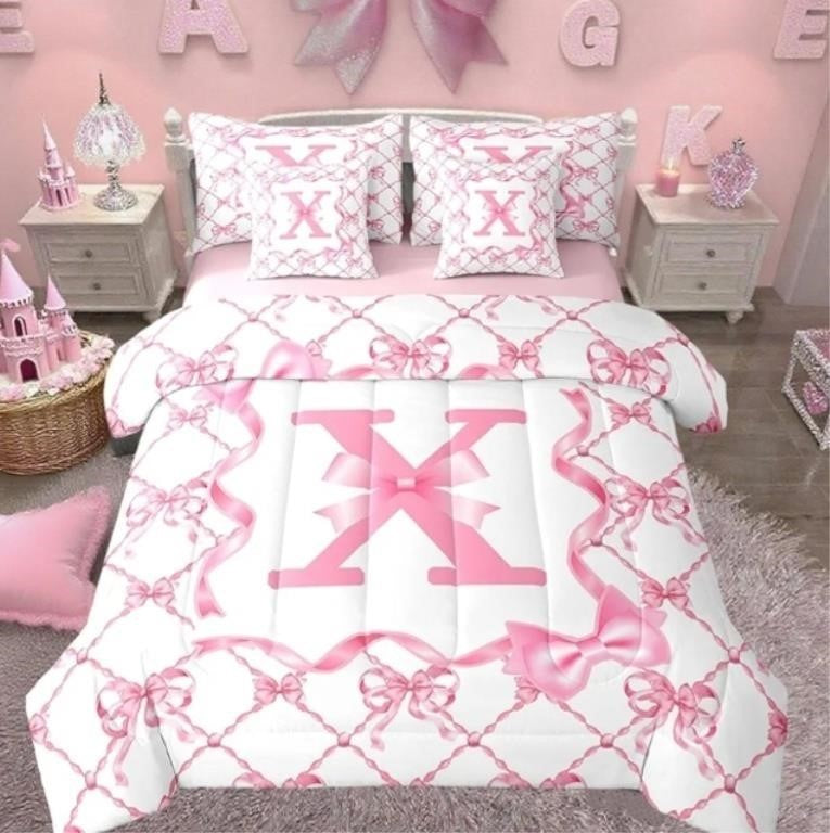 Erosebridal 7Pcs Pink Bow Bed in A Bag Twin Size,Initial Letter X Chic Romantic Comforter Set