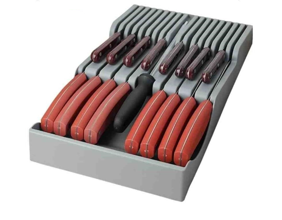 Drawer Knife Organizer, Kitchen Knife Drawer Organizer Insert Hold 16 Knives and 1 Sharpening Steel (Not Included) Large Chefs Knives Holder Storage Set, Polypropylene (PP), Gray