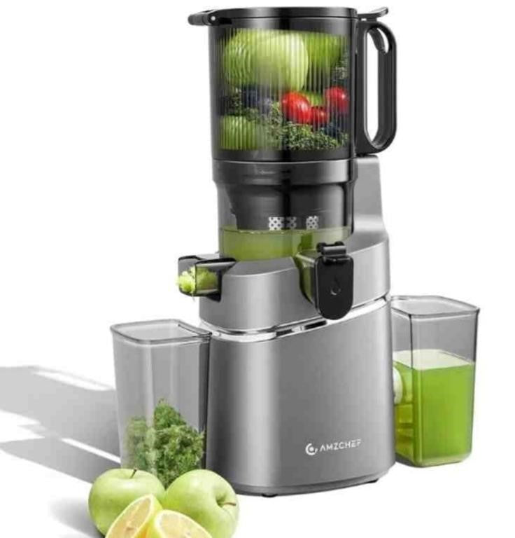 MZCHEF Cold Press Juicer, 5.8" Self-Feeding Juicer Machines for Whole Vegetable & Fruit, Masticating Juice Easy to Clean, High Juice Yield, Large Auger, Triple Strainers - Gray -