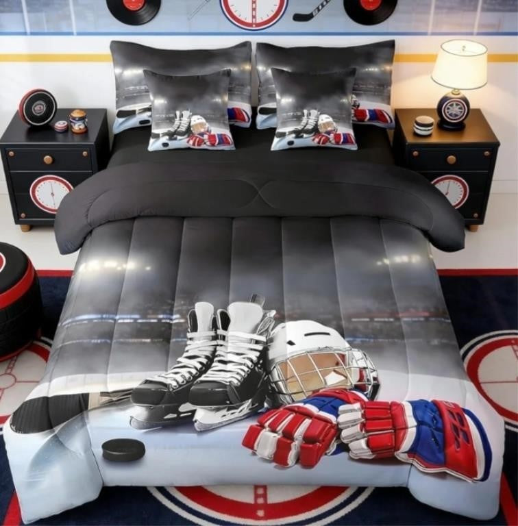 Erosebridal Ice Hockey Full size Comforter Set, Hockey Player 7-Piece