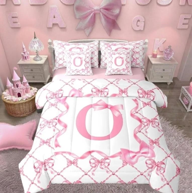 Erosebridal 7Pcs Girl Pink Bow Bed in A Bag Full Size Letter Initial O
