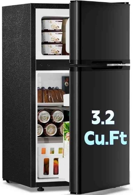 Kismile Mini Fridge with Freezer, 3.2 Cu.Ft 2 Door Refrigerator, Black