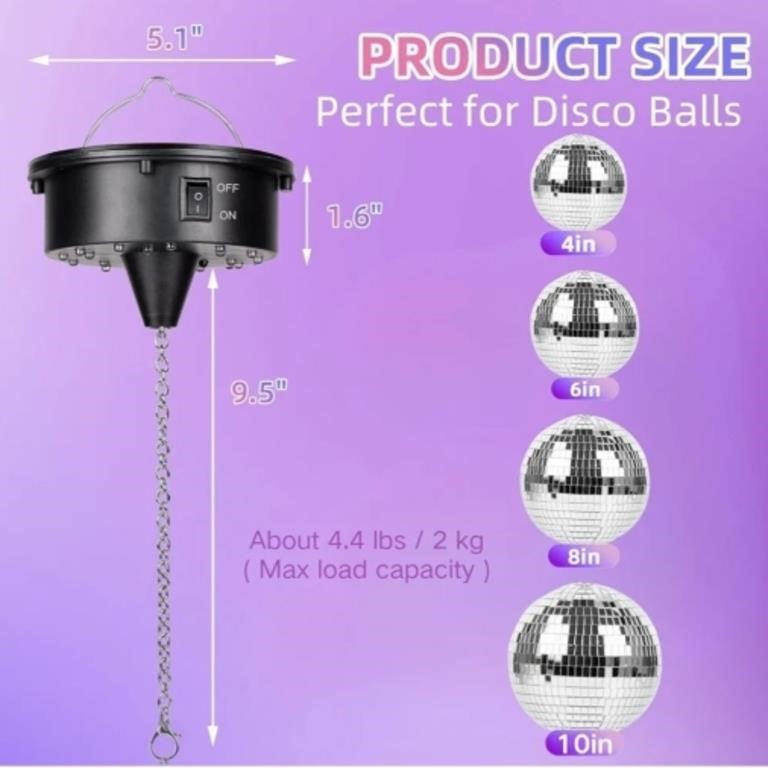 Disco Ball Motor Rotating with Light: Mirror Ball Spinner with Remote Adjustable Speed - Battery Operated Rotating Motor 18 RGBW LED Lights for DJ Party Weddings Christmas