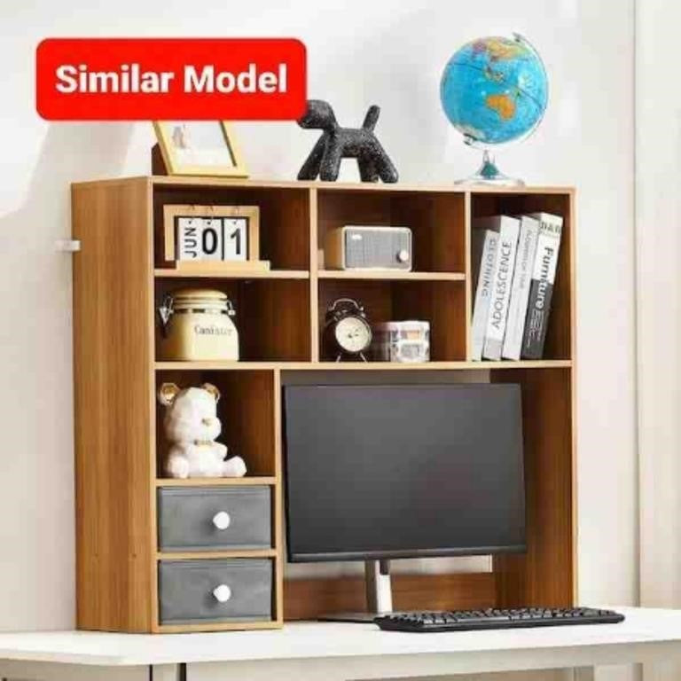 Dark Brown Wooden Desktop Hutch Organizer with 3 Upper Cubbies & 2 Drawers