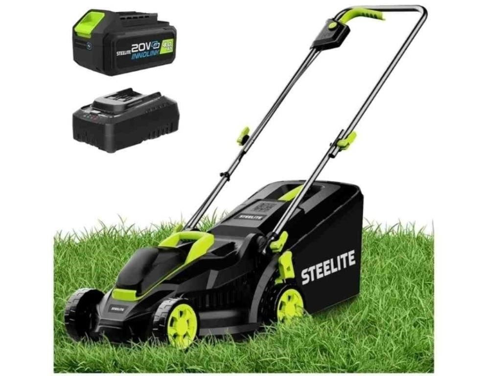 STEELITE 13-Inch Cordless Lawn Mower, 21V 4.0Ah Electric Mower with Brushless Motor, 5-Position Height Adjustment, Lightweight, 8-Gallon Grass Bag, Battery & Charger Included