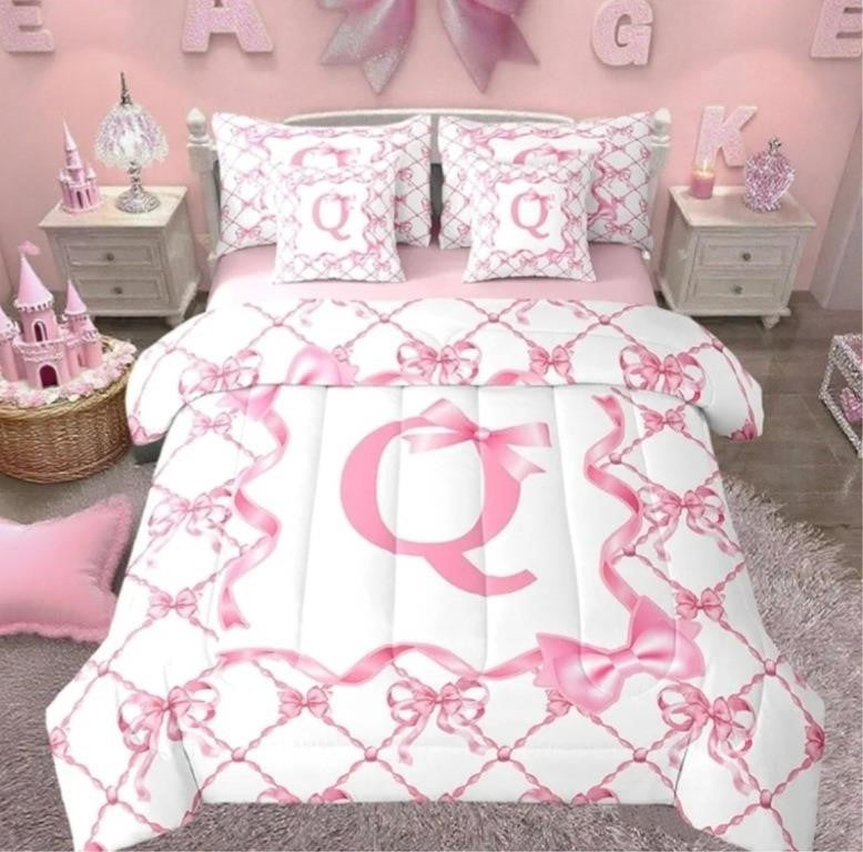 Erosebridal 7Pcs Twin Size Princess Bow Comforter Set with Sheets Alphabet Q