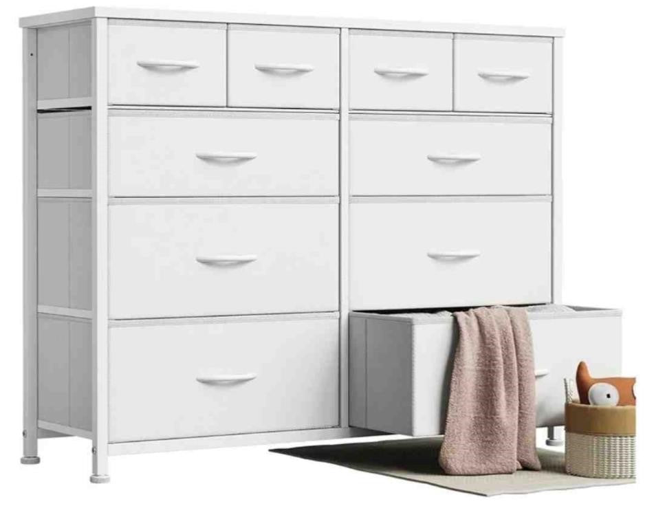 Yetom Dresser with 10 Drawers, 4-Tier Wide Storage Chest, Removable Fabric Bins, White