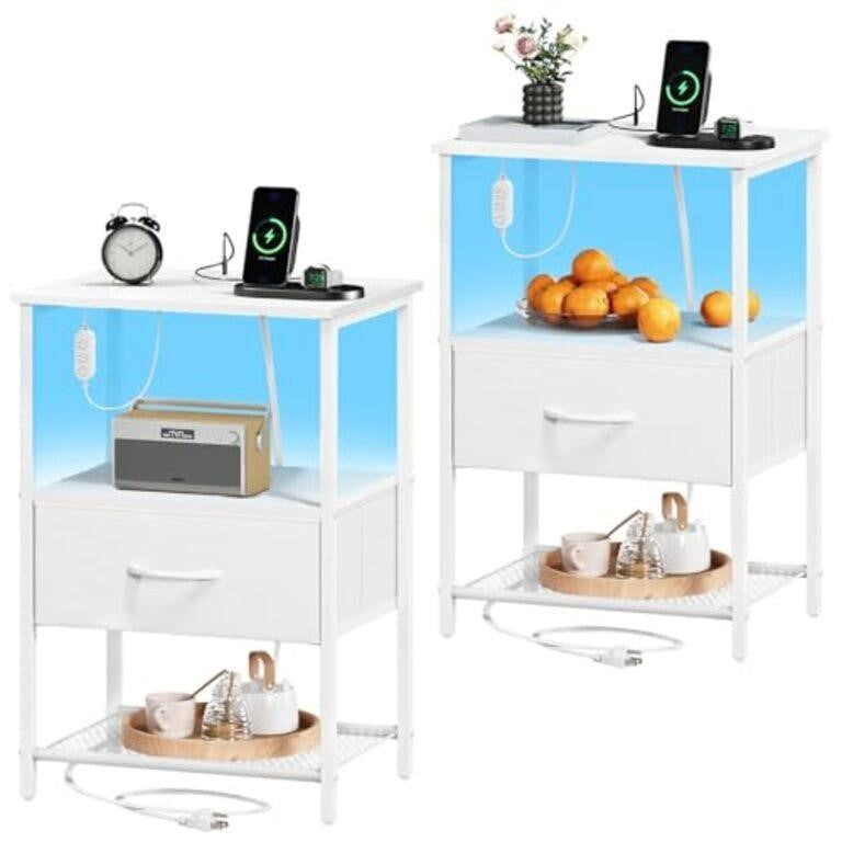 Somdot White Nightstand Set of 2 with Charging Station and LED Light