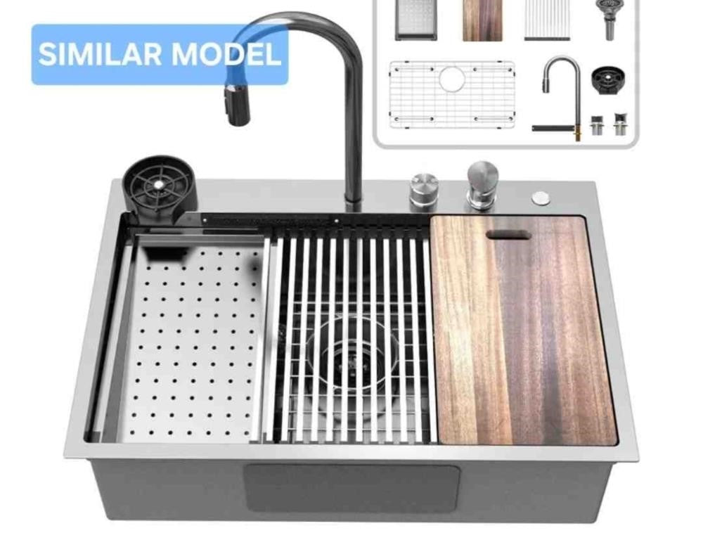 Kitchen Sink with Faucet Combo Double Step Workstation 33X22