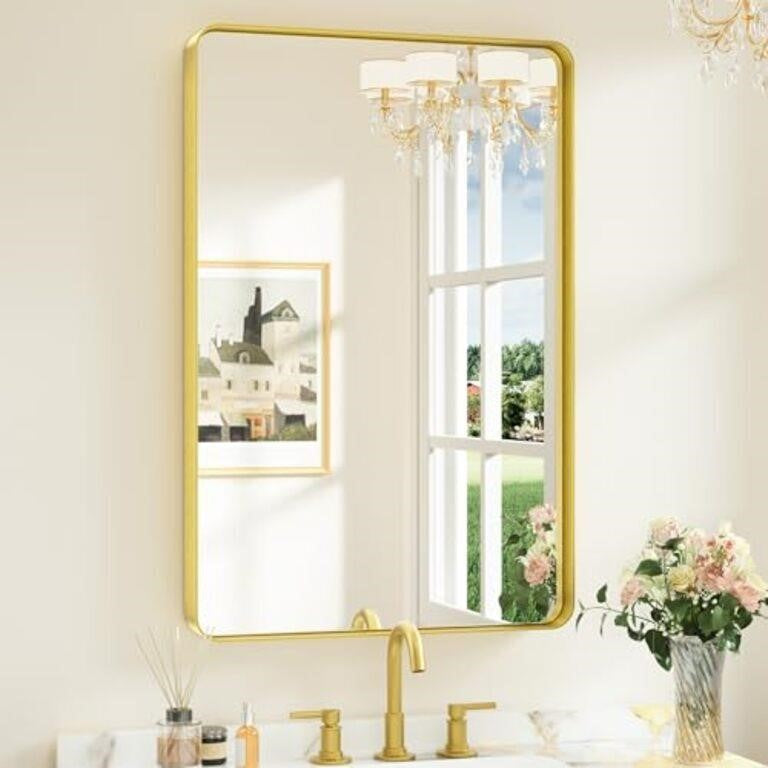 Keonjinn 24" x 36" Gold Bathroom Mirrors for Over Sink Brushed Brass Metal Gold Framed Mirror, Rounded Rectangle Bathroom Vanity Mirror for Wall, HD Tempered Glass(Horizontal/Vertical)