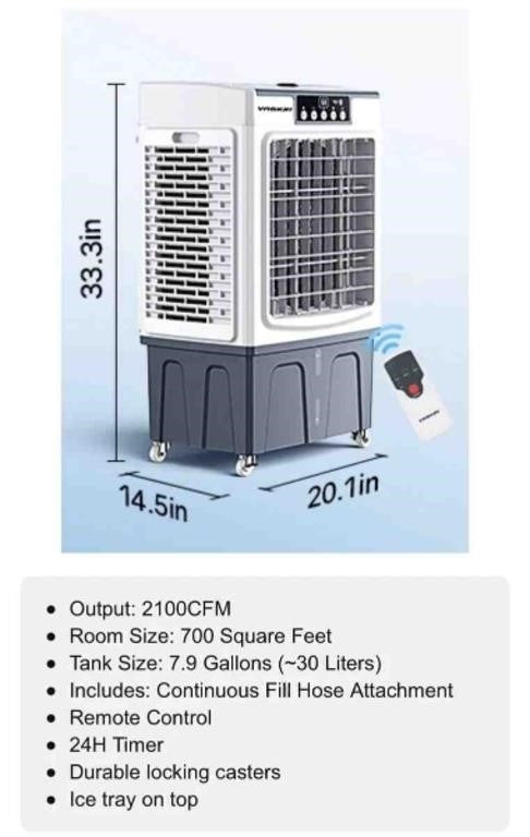 VAGKRI Swamp Cooler, 2100CFM Evaporative Air Cooler with 8 Gal Water Tank