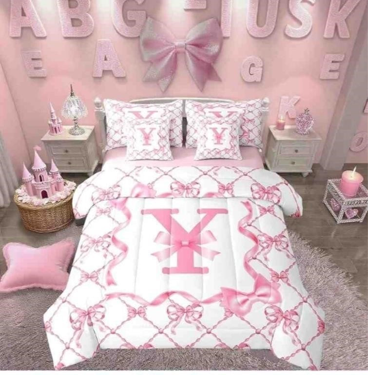 Erosebridal 7Pcs Pink Bow Comforter Set, Letter Y , Twin Size