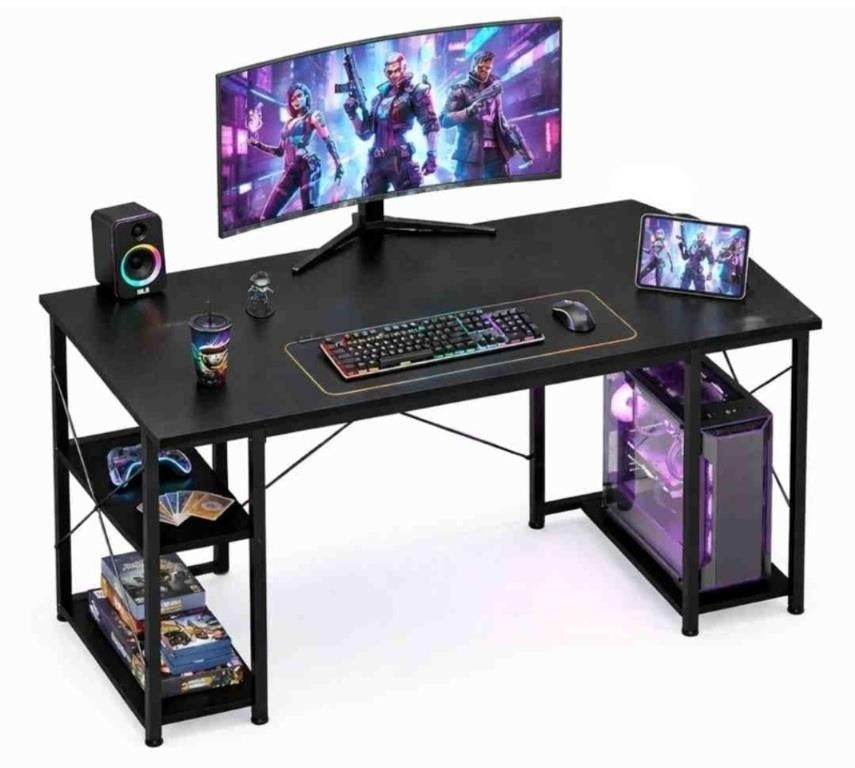ODK 55" Desk With Shelf, Wooden Top With Metal Frame, Black