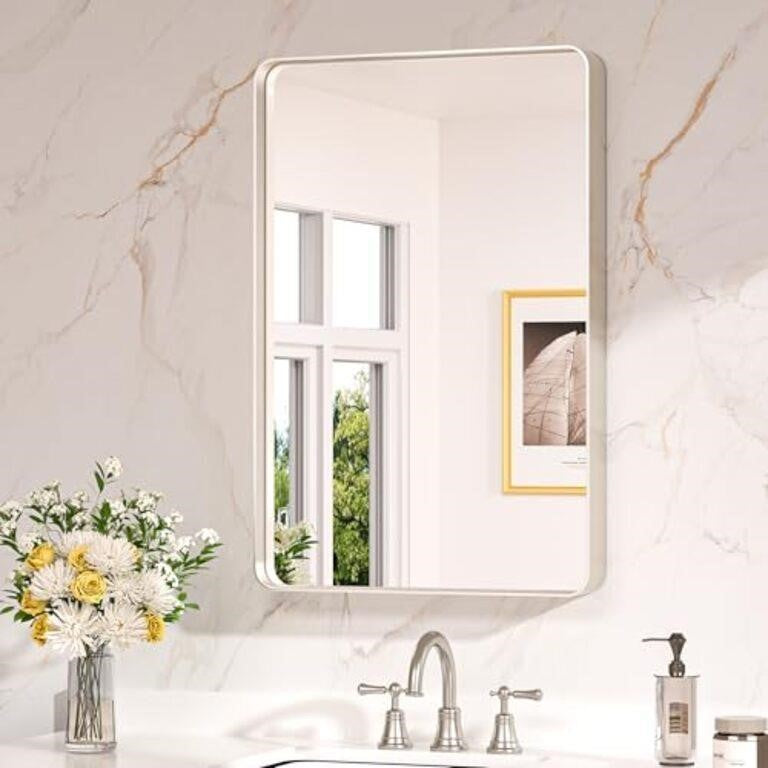 Keonjinn 20 x 30 Inch Brushed Nickel Bathroom Mirrors for Over Sink, Rounded Rectangle Silver Bathroom Vanity Mirror, Farmhouse Mirror for Wall, HD Tempered Glass