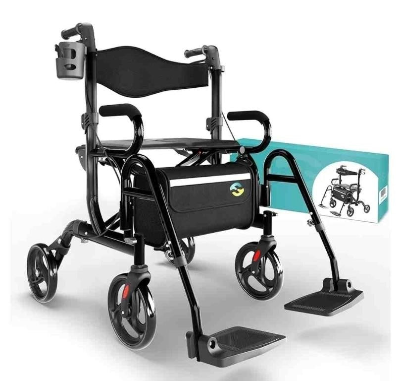 Helavo 2-in-1 Walker Wheelchair Combo Foldable Rollator Transport Chair with Footrests, Lightweight Convertible Wheelchair Walker for Seniors, 300 lbs Capacity