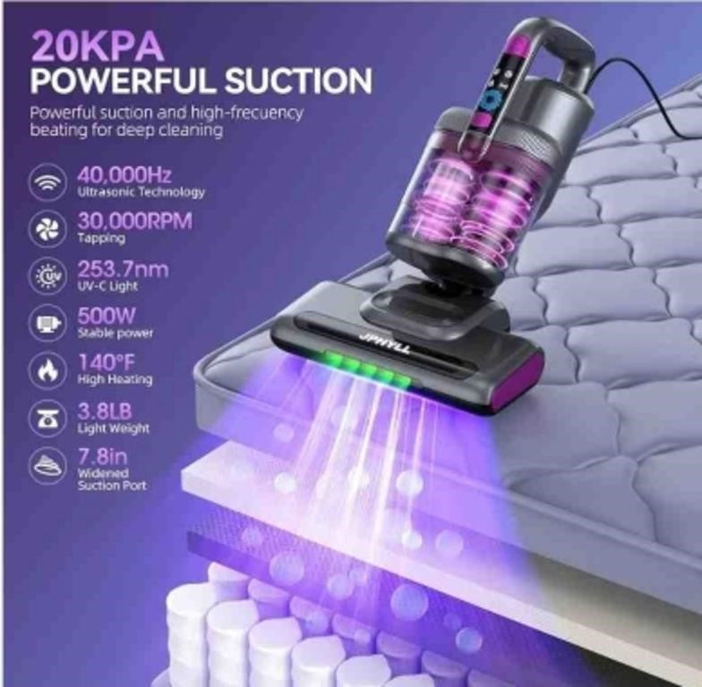 Jphyll Mattress Vacuum Cleaner, 20Kpa Suction Bed Vacuum Cleaner with 253.7nm UV-C Light