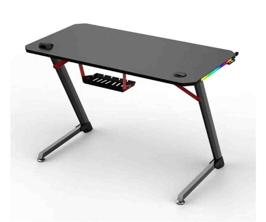 Armoury RGB Gaming Desk with Headphone Hooks and Cup Holder, Carbon Fibre Grain Top, Black