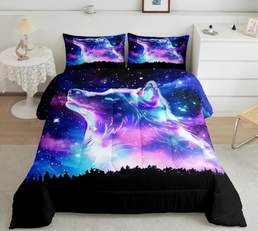 Feelyou Northern Light Comforter Set Full Size Soft Galaxy Wolf Bedding Set