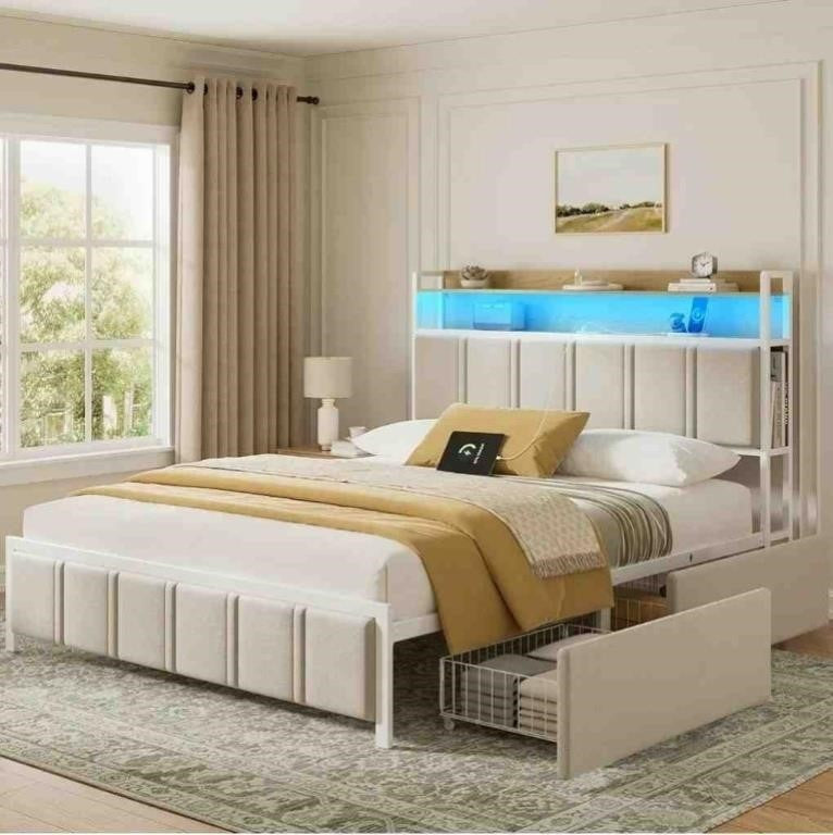 King Bed Frame with 2-Tier Storage Headboard and Drawers, Beige