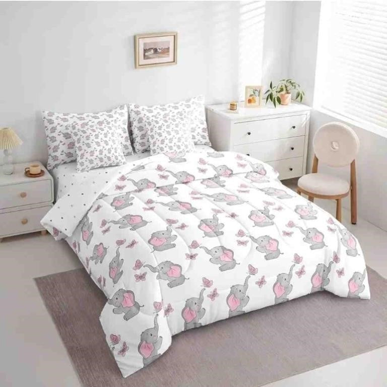 Feelyou Cute Elephant Comforter Set, Full Size, 7 Pieces, White/Pink