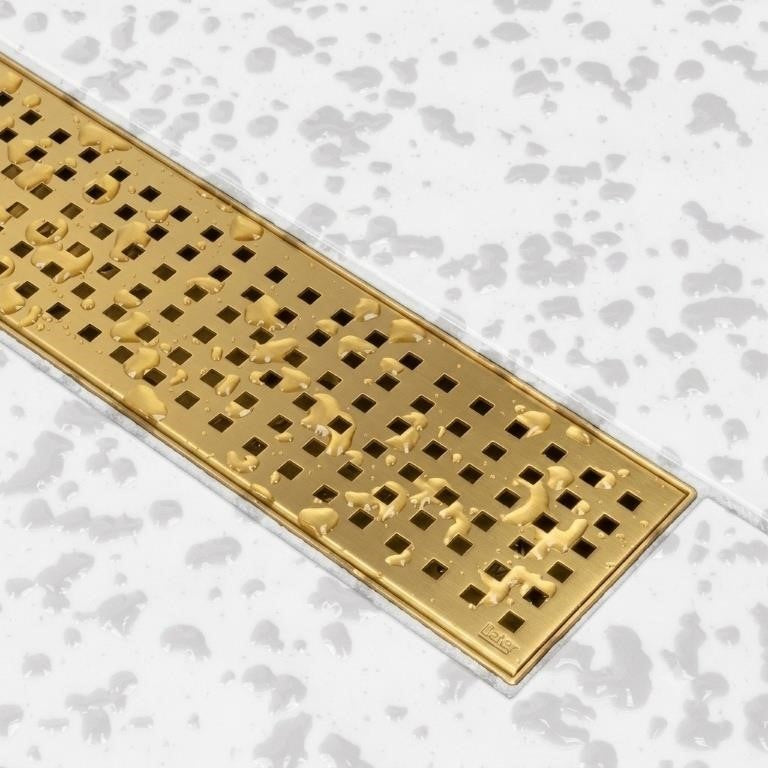 Brushed Gold 60 Inch Stainless Steel Linear Shower Drain with Square Pattern Grate