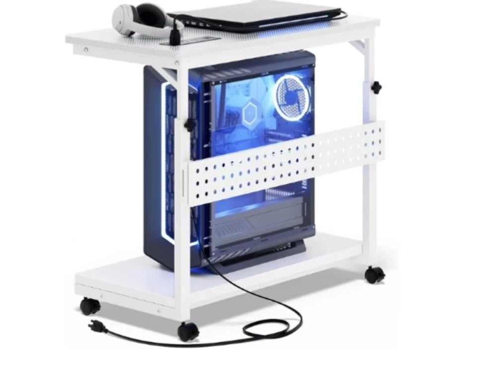 Cyclysio Computer Tower Stand with Charging Station, Adjustable PC Tower Stand with Pegboard, 2-Tier CPU Stand Cart with Mobile Wheels & Adjustable Height Shelf for Computer Desk, Carbon Fiber White