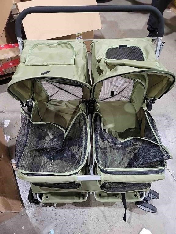 Double Pet Stroller, Foldable Stroller for 2 Dogs &amp; Cats, Two-Seater Carrier, GREEN