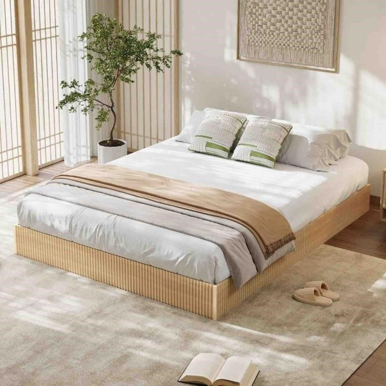 Garvee Minimalist Fluted Platform Bed Frame – California King Size, Natural