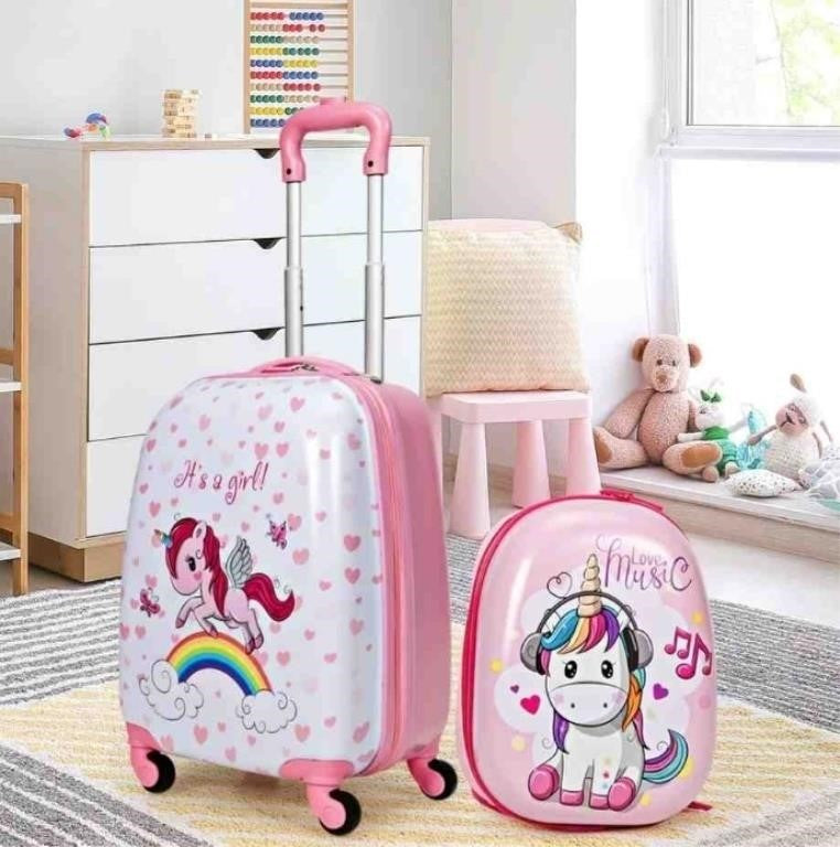 Costway Kids Luggage Set, 12 Inch Backpack and 16 Inch Kid Carry on Suitcase with Wheels, 2pcs, Pink, BG51213 -