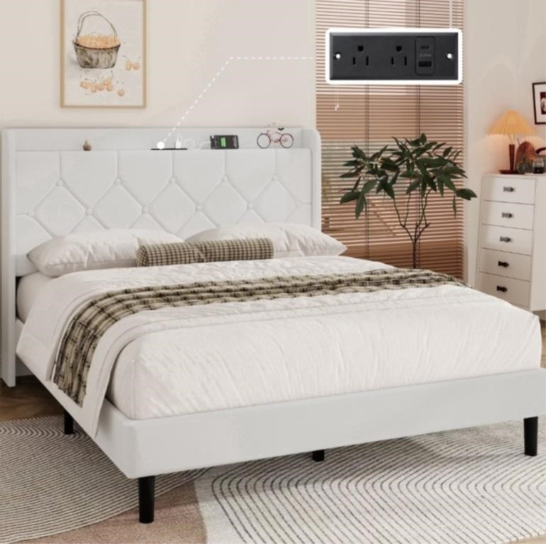 Queen Bed Frame, Upholstered Platform Bed, No Box Spring Required, White