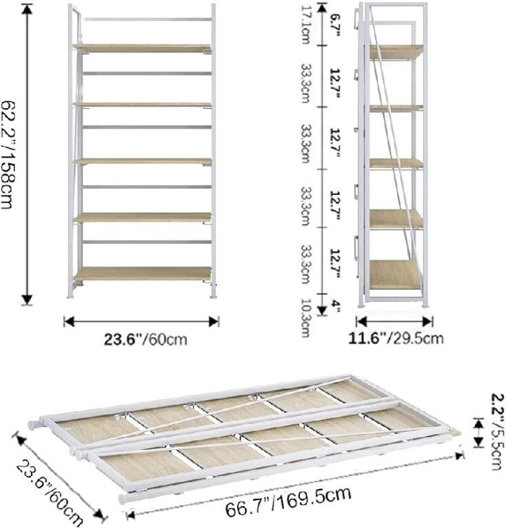 GHQME Folding Bookshelf Storage Shelves 5 Tier