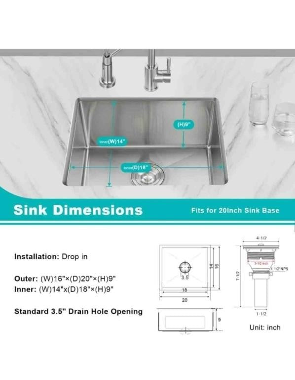 TSIBOMU 20 x 16 Inch Undermount Kitchen Sink