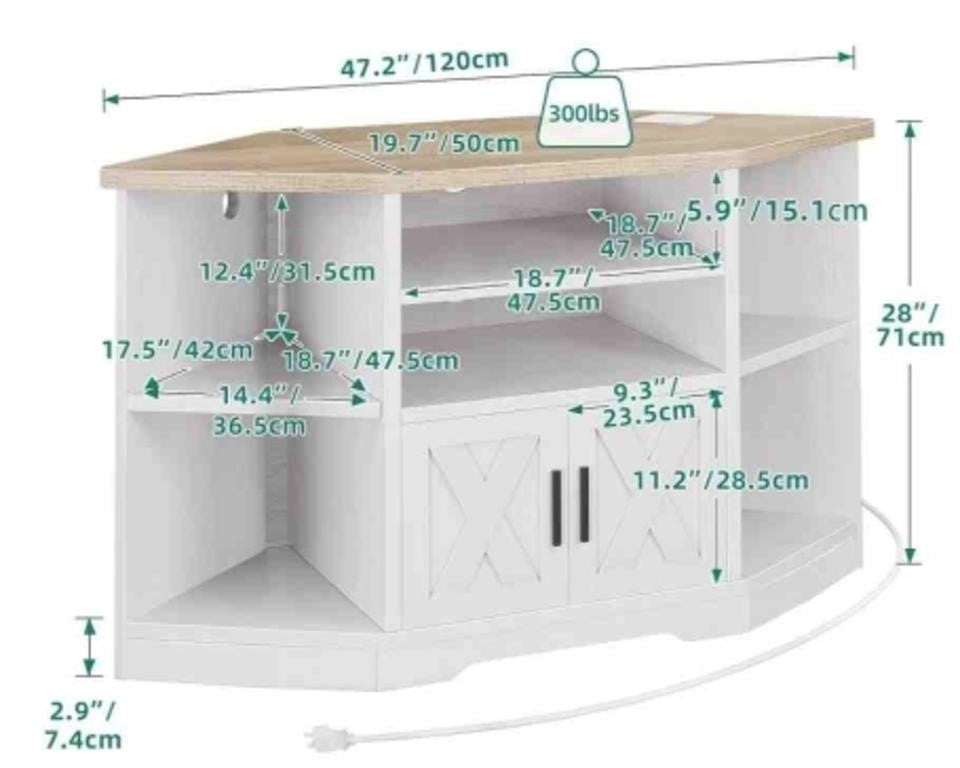 Farmhouse Corner TV Stand for TVs up to 55 Inch. Grey Wash & White