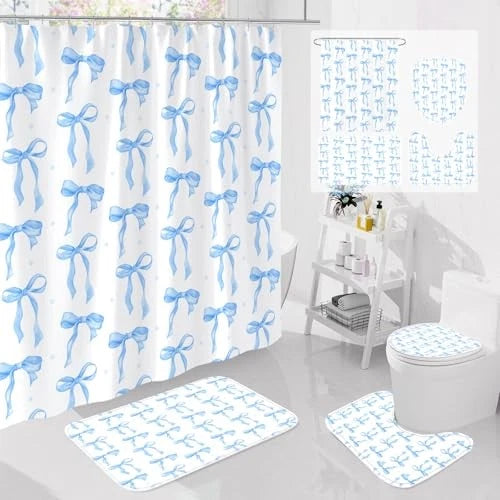 Litabel 4Pcs/pack Cute Blue Bow Shower Curtain Sets with Rug