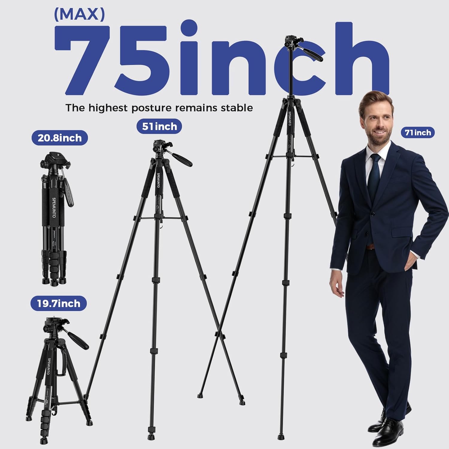 SPEMUNTO 75" Camera Tripod for Cell Phone, Black Porfessional