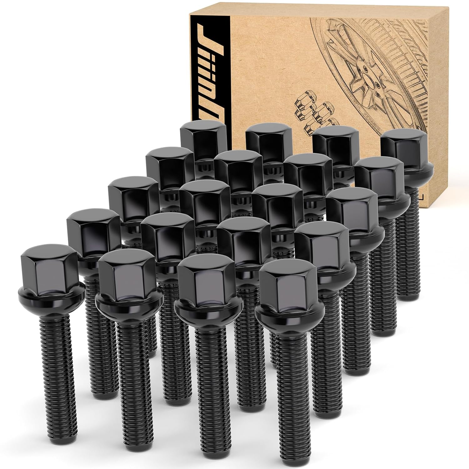 JiiinMiiin 14x1.5 Black Wheel Lug Bolts, 17mm Hex, 45mm Thread Length, 20 Pack]